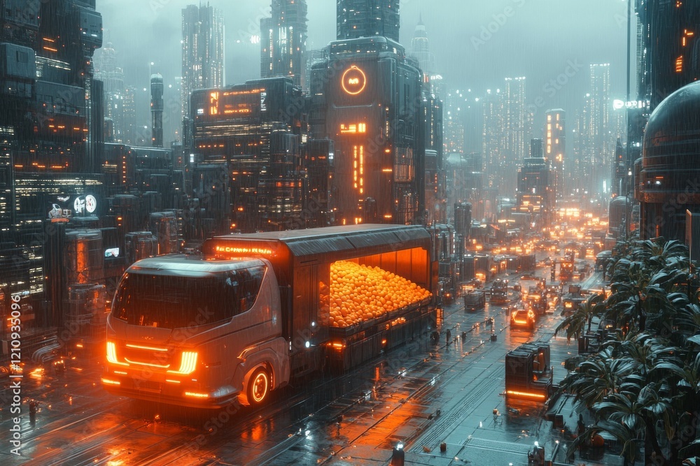 Poster autonomous self-driving truck unloading crates from trailer in industrial setting