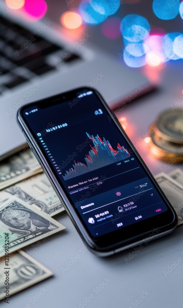 Poster smartphone with stock market graph on desk surrounded by currency and laptop in soft focus backgroun