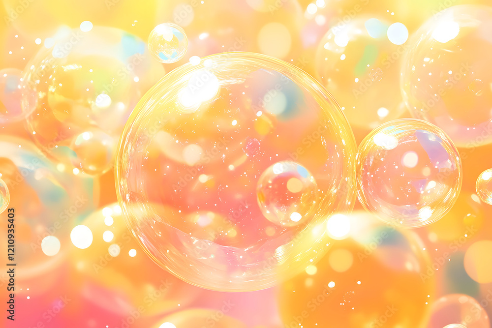 Poster image of multiple translucent soap bubbles in warm-colored background