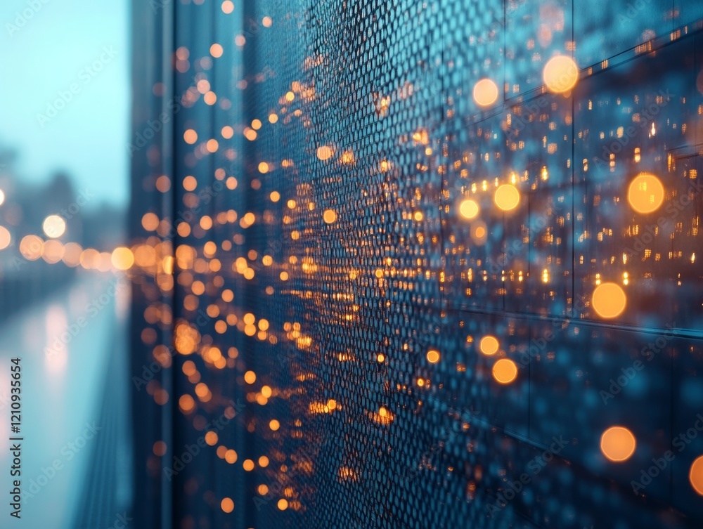 Poster visual representation of light reflections and digital patterns on a building exterior at dusk
