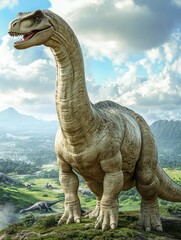 Obraz premium Sauropod dinosaur on hilltop, prehistoric landscape background, educational use