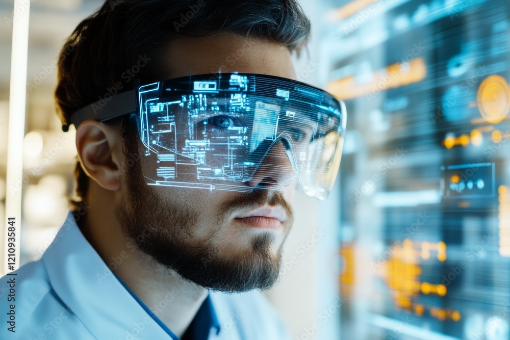Poster man using augmented reality glasses in a high-tech environment to interact with digital information 