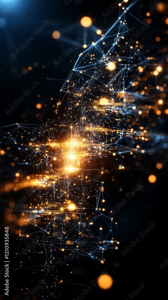 Poster dynamic interactions of golden particles and glowing lines create vibrant energy in a dark, abstract