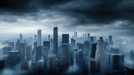 Fototapeta premium Dark and Moody Skyline of Cityscape with Dramatic Clouds and Fog in Urban Landscape