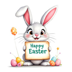 Cartoon cute Easter bunny holding a happy easter sign. Easter greetings