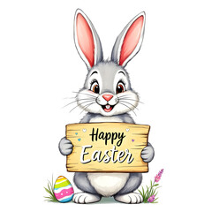 Cartoon cute Easter bunny holding a happy easter sign. Easter greetings