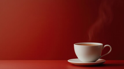 Obraz premium Ceramic teacup filled with steaming tea on a bold red background creating a warm and inviting atmosphere perfect for relaxation