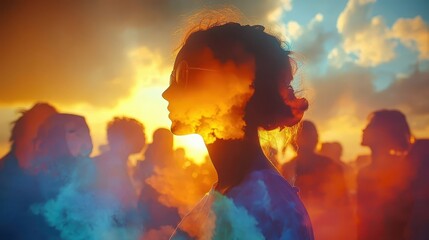 vibrant show at carnival, cheerful visitors in summer, double exposure silhouette with social excitement