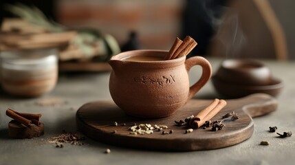 Fototapeta premium Rustic clay mug with spices on wooden board in warm-toned cozy setting