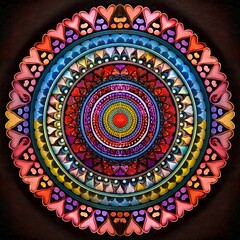Fototapeta premium A radial mandala-like pattern made of diverse symbols representing inclusion (hearts, infinity signs, stars). The vibrant colors blend harmoniously, creating a sense of peace and unity.