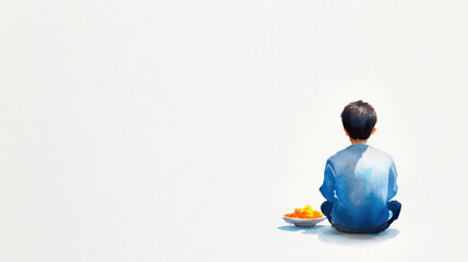 young boy sits quietly, gazing at bowl of fruit, reflecting on simplicity and innocence