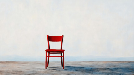 solitary red chair stands against minimalistic background, evoking sense of calm and contemplation