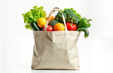 Reusable grocery bag filled with fresh fruits, vegetables. Healthy produce like lettuce, broccoli, peppers, oranges, apples, zucchini visible. Eco-friendly shopping concept. Reusable bag promotes