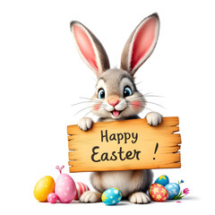 Cute Easter bunny holding a happy easter sign. Easter greetings