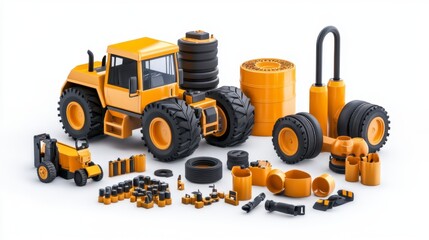 Construction Vehicle Toy Set with Various Accessories in Bright Yellow