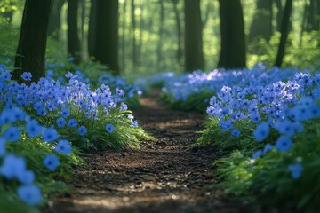 Obraz premium enchanting woodland scene with clusters of delicate purpleblue wildflowers swaying in dappled sunlight morning dew glistening on petals