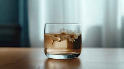 Soft pastel background featuring a small glass cup filled with water and delicate white flowers resting on a wooden table in natural light