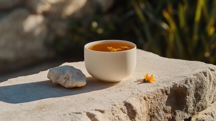 Ceramic cup on a stone surface with warm tea and delicate flowers against a soft pastel yellow backdrop