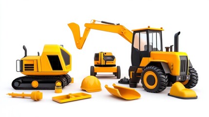 Yellow Construction Equipment Collection with Tools and Accessories