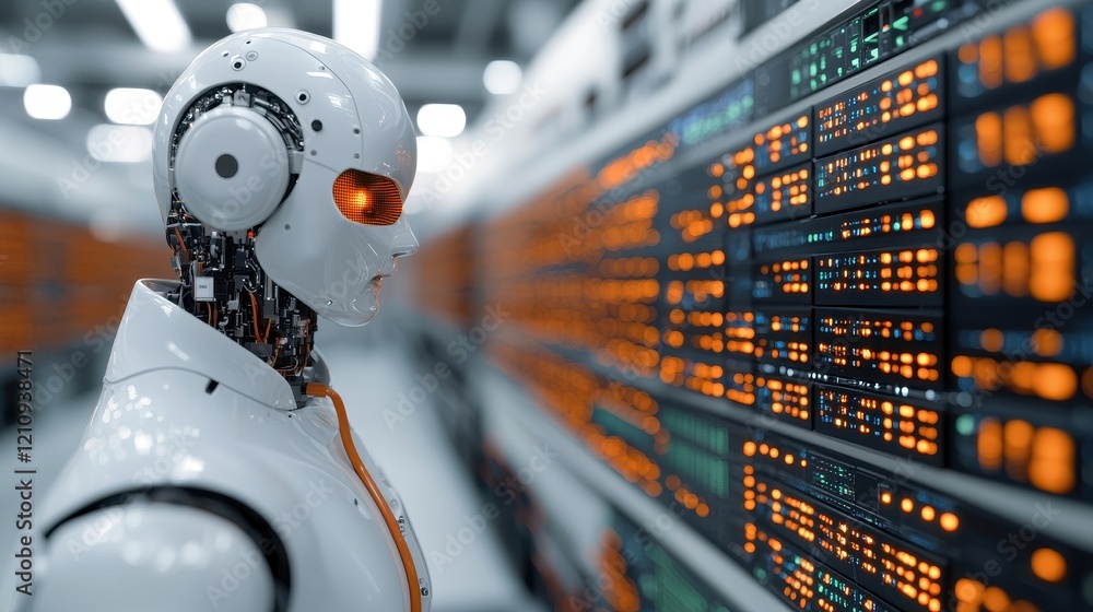 Poster futuristic robot with orange lights in high-tech data center