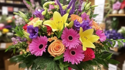 Colorful flower arrangement, shop background, gift, celebration
