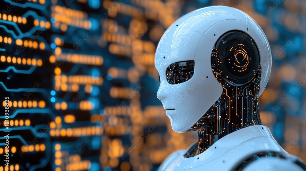 Aufkleber futuristic robot with circuitry in technology background