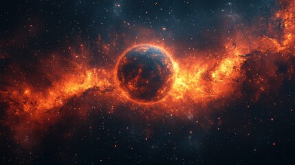 Bright nebula surrounding a fiery planet in deep space at night