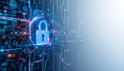 Digital Cybersecurity Padlock Icon on Futuristic Circuit Board Background