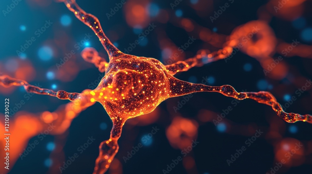 Poster vibrant neural network structure with glowing synapses and particles