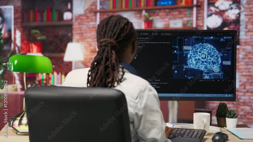 Fototapete Admin writing code on computer and doing maintenance on artificial intelligence neural networks computerized model. Tech support expert typing on keyboard, doing checkup on AI systems, camera B