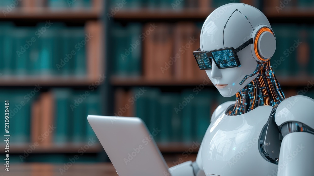 Aufkleber advanced robot with laptop in modern library setting