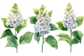 Spring lilac flowers, watercolor on white background