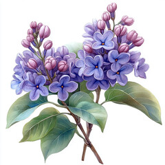 Spring lilac flowers, watercolor on white background