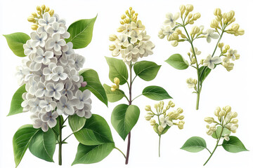 Spring lilac flowers, watercolor on white background