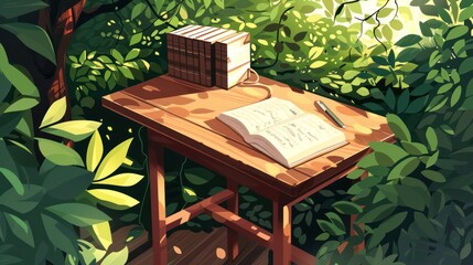 A wooden desk in a serene garden, with an open book, notebook, and pen, surrounded by lush trees and soft sunlight, creating a peaceful study atmosphere