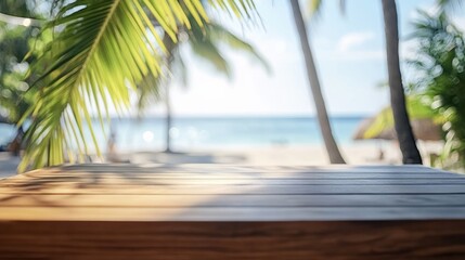 Empty wide Table top wooden bar with blurred beautiful beach scene background coconut leaf on frame for product display mockup outside summer day time. Resort clean wood desk board on nature view.