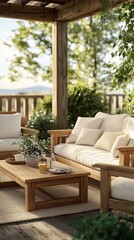 Obraz premium Scandinavian-inspired outdoor furniture set with teak wood sofa, matching chairs, and coffee table. Minimalist design blends comfort and natural elegance for stylish outdoor living.