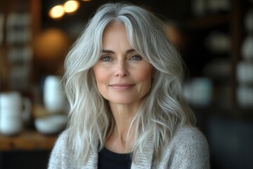 Fototapeta premium closeup portrait of a smiling elderly woman displaying her luxurious gray hair capturing the essence of beauty and grace at 50 highlighting her skincare routine and confident demeanor