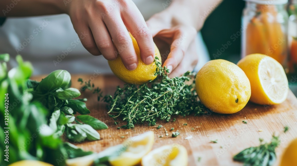 Poster fresh ingredients and culinary preparation scene featuring hand squeezing lemon over thyme with basi