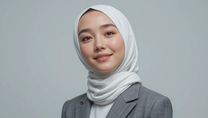 Confident Muslim Businesswoman in Grey Suit Holding Notebook with Warm Smile