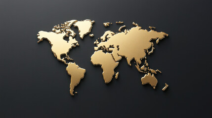 polished gold map of world on matte black background, showcasing continents beautifully