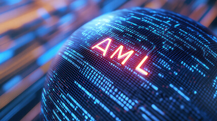 Glowing blue globe with AML letters, representing digital technology and data