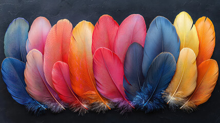 Vibrant colorful bird feathers arranged in a row on a dark background.