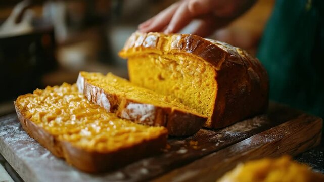 Hands slicing freshly baked pumpkin bread on rustic wooden board