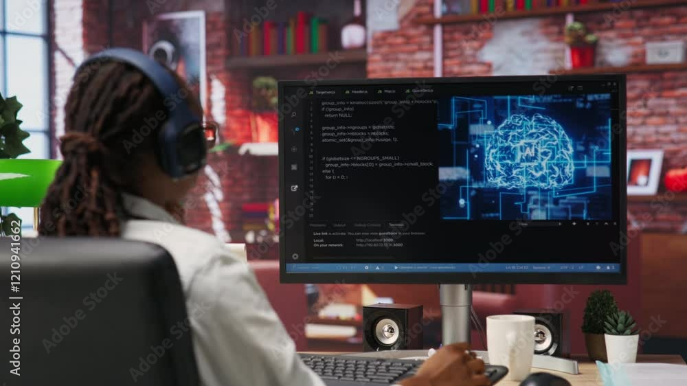 Poster software developer wearing headphones using computer at home for artificial intelligence computing s