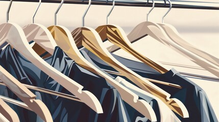 A collection of sleek, minimalist coat hangers made of wood, metal, and plastic, neatly arranged on a rack, set against a soft, neutral background