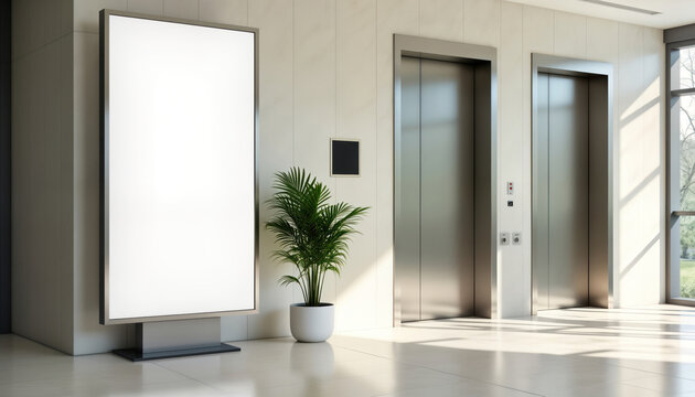 Blank advertising billboard in modern office building elevator lobby. Empty space for text, promotions. Stylish design with large vertical display, stainless steel elevator doors. Modern interior