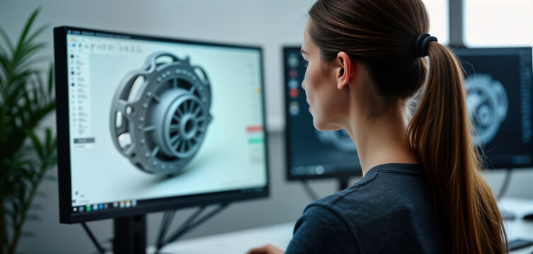 Female engineer works on 3D mechanical model on computer screen. Focuses on computer monitor with design software, creates mechanical part model. Modern workplace with tech equipment, industrial