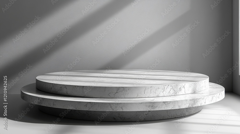 Aufkleber minimalist marble display platform with soft shadows in a modern setting.