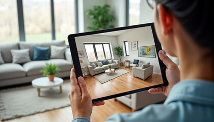 Person views interior design using digital tablet. AR home decor tech used for virtual home decorating. Person holds tablet displaying virtual living room. Modern furniture in new apartment shown on